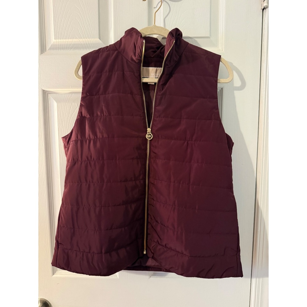 Michael Kors Womens Burgundy Quilted Puffer Vest Gold Zip MK Logo Large